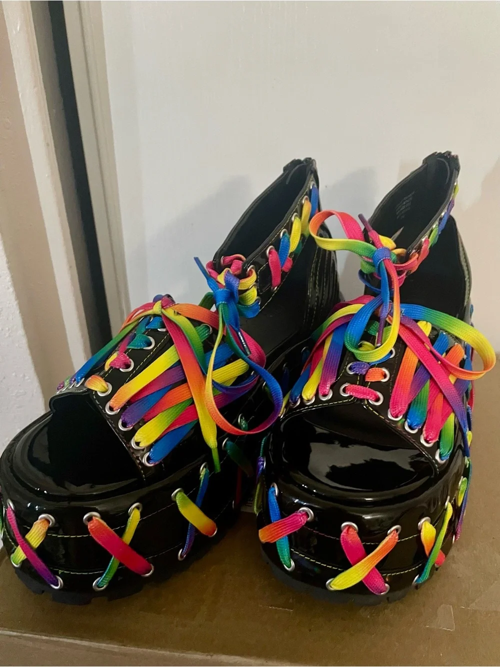 Patent Black Platform Lace-Up Shoes with Rainbow Laces